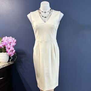 Elegant Cream/ Ivory Sleeveless Sheath Dress; Linen Look; Stretch; Bodycon; Sz:0